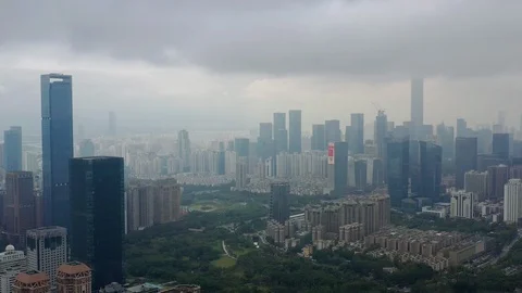 Day time flight over shenzhen city downtown aerial panorama 4k china Stock Footage 107642250