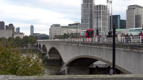 Day time London Waterloo Bridge, people walking, car traffic. Stock Footage 108211953
