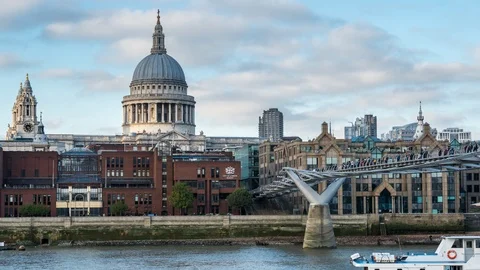 Day time Millennium bridge, St. Paul's cathedral, City of London School. London Stock Footage 103578085