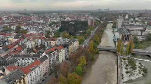 Day time munich cityscape river traffic bridge aerial panorama 4k germany Stock Footage 289655726