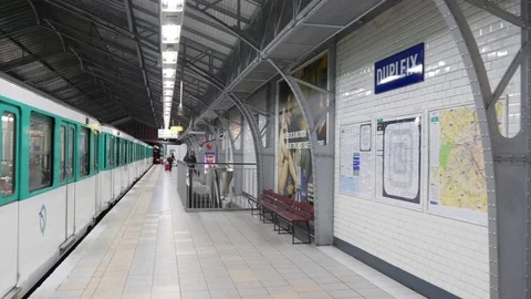 Day time paris metro train dupleix station platform side panorama 4k france Video stock 79770904