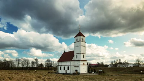 Day time view of the old famous Calvinist Cathedral in Zaslavl Belarus. Stock Footage 130318684