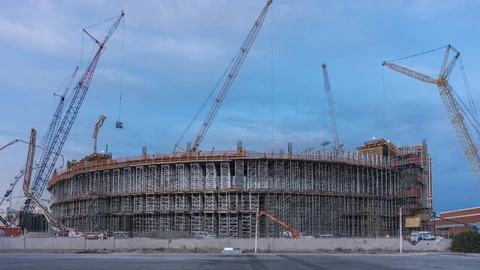 Day timelapse of MSG Sphere under construction in Las Vegas with cranes, trucks Stock Footage 122648578