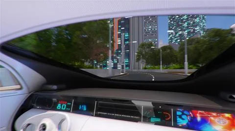 Day view of the city from the car with automatic piloting. 3d illustration. Stock Illustration