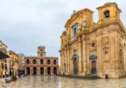 Day view of main square and Cathedral in Marsala Stock Photos