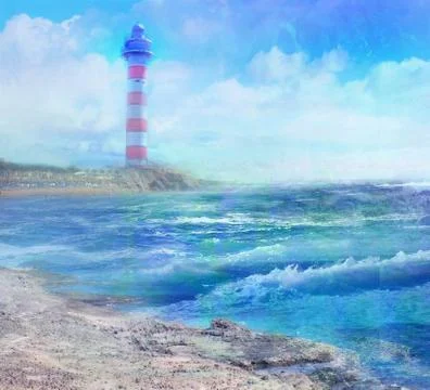 Day view of a old lighthouse on a rock island. Stock Illustration