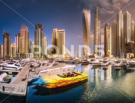 Day view of sea bay with yachts Dubai Marina, UAE Stock Photos