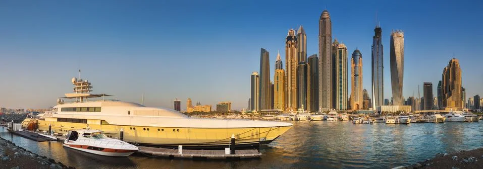 Day view of sea bay with yachts Dubai Marina, UAE Stock Photos