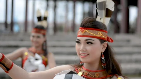 Dayak tribal girls dance ethnic dances Stock Footage