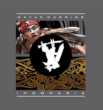 Dayak warrior silhouette with shield pattern background Stock Illustration