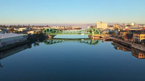 Daybreak Drone View Along the Tidal Canal Toward Park Street Bridge Stock Footage 328091854