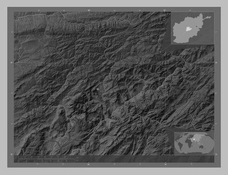Daykundi, Afghanistan. Grayscale elevation map with lakes and rivers Illustrazione stock