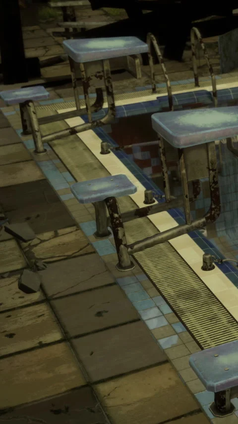 Daylight reveals broken tiles and rusted fixtures in the empty pool Stock Footage 335690666