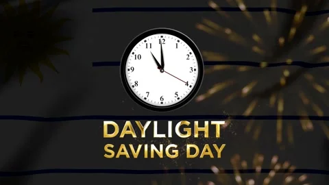 Daylight saving day concept featuring an analog clock over a stylized flag .. Stock Footage 346541320