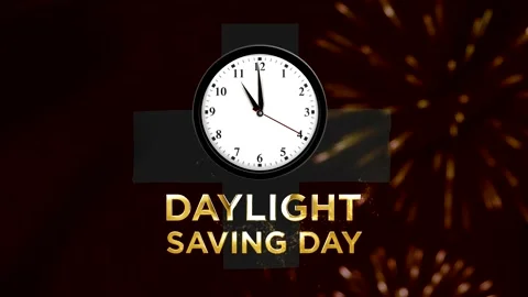Daylight saving day concept featuring an analog wall clock and golden text .. Видео 346541362