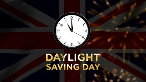 Daylight saving day concept featuring an analog wall clock over a British f.. Vídeos de archivo 346541372