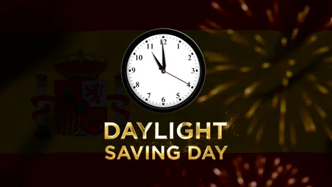 Daylight saving day concept featuring an analog wall clock over a Spanish n.. Stock-Footage 346541384