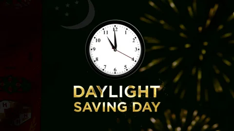 Daylight Saving Day event illustration with a clock over the national flag .. Stock Footage 346541474
