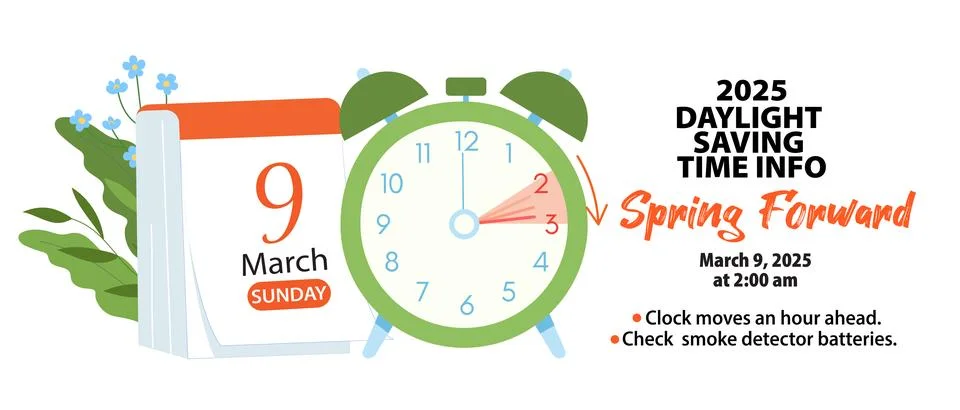Daylight saving time, 2025 concept. Alarm clock and calendar with the date .. Stock Illustration