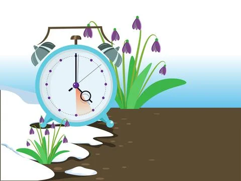 Daylight saving time banner. Clocks move forward. Bluebell blossom and melting Stock Illustration