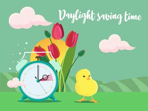 Daylight saving time banner. Clocks move forward. Tulips and chicken near the Stock Illustration