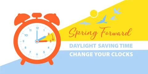 Daylight Saving Time banner. The clocks moves forward one hour. Illustrazione stock