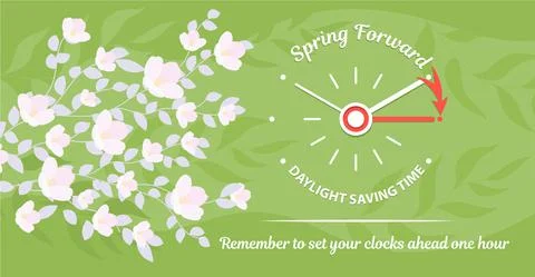 Daylight Saving Time begins concept banner. The clocks moves forward one hour Stock Illustration