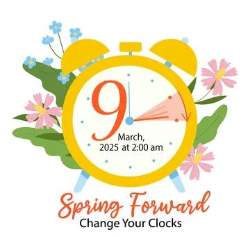 Daylight Saving Time Begins concept. Spring Forward Time banner with clocks.. Stock Illustration