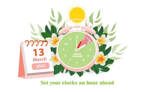 Daylight saving time begins at march 13, 2022 concept. Alarm clock and calend Stock Illustration