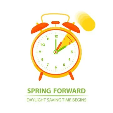 Daylight saving time begins at march. Clocks moves forward one hour. Graphic  Stock Illustration