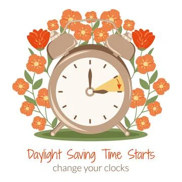 Daylight Saving Time begins poster. Alarm-clock with hand points onward. DST  Stock Illustration