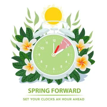 Daylight saving time begins. Spring forward. Alarm clock with forward moving  Stock Illustration