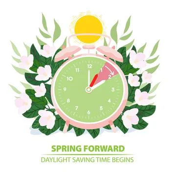 Daylight Saving Time begins. Spring forward. Alarm clock with moving forward  Stock Illustration