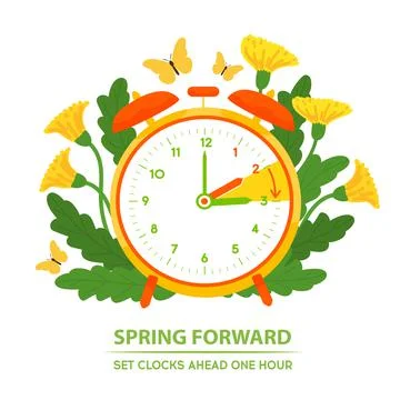 Daylight Saving Time begins. Spring forward reminder. Alarm clock with forwar Stock Illustration