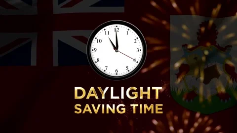 Daylight saving time clock concept with the flag of Bermuda background Stock Footage 346541499