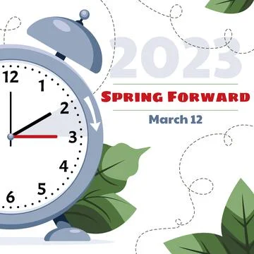 Daylight saving time. Clock set to an hour ahead March 12, 2023. Stock Illustration