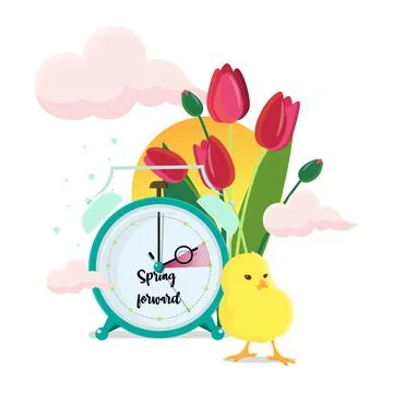 Daylight saving time. Clocks move forward. Tulips and chicken near the clock Stock Illustration