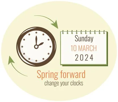 Daylight Saving Time concept on 10th March. Clocks moves ahead one hour. Spri Stock Illustration