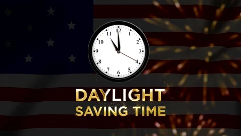 Daylight saving time concept with a clock face and golden text over the Uni.. Stock Footage 346541571