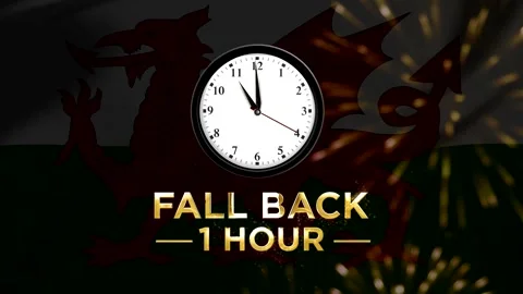 Daylight saving time concept with a clock showing fall back one hour agains.. Stock Footage 346542237