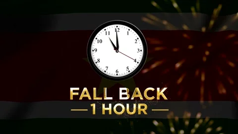 Daylight saving time concept with a clock showing fall back one hour over t.. Stock Footage 346542339