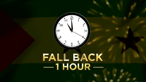 Daylight saving time concept with a clock showing fall back one hour with g.. Stock Footage 346542363