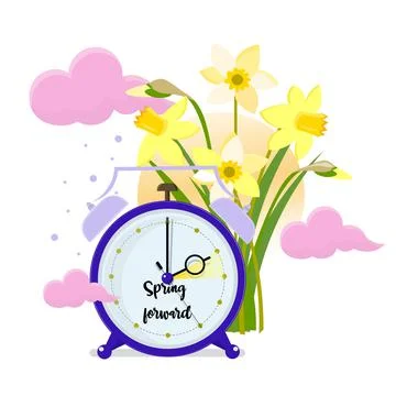 Daylight saving time concept. Clocks move forward. Daffodils and sun near the Stock Illustration
