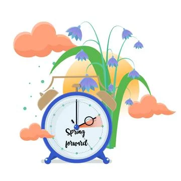 Daylight saving time concept. Clocks move forward. Bluebells and sun near the Stock Illustration