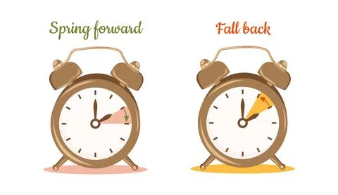 Daylight Saving Time concept. Fall back and Spring forward. Clocks hand turni Illustrazione stock