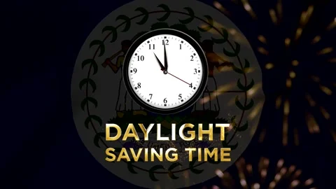 Daylight saving time concept featuring a clock face over the national flag .. Stock Footage 346541507