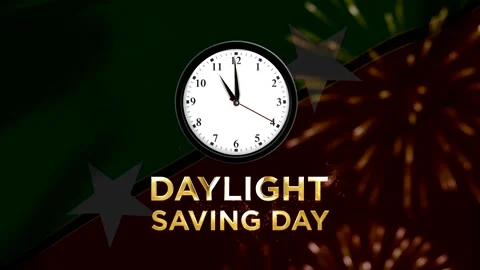 Daylight saving time concept featuring a wall clock over a symbolic festive.. Stock Footage 346541518