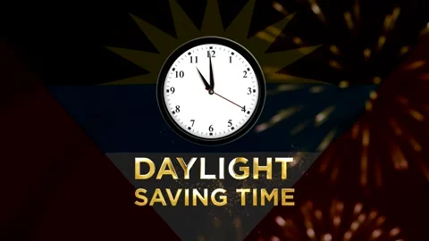 Daylight saving time concept featuring a wall clock over the national flag .. 스톡 동영상 346541525