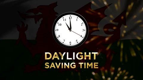 Daylight saving time concept featuring a wall clock over the national flag .. Stock Footage 346541551