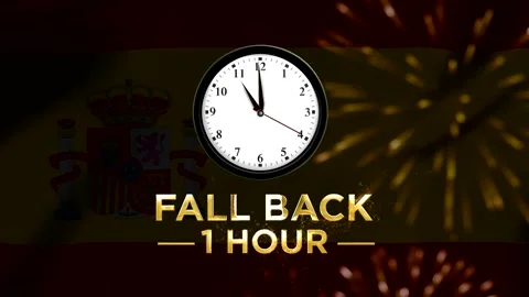 Daylight saving time concept featuring a clock over the Spanish flag backgrou Stock Footage 346542007